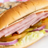 Ham & Swiss Cheese Sandwich · Mayo, mustard, lettuce, tomato, onion, pickles, jalapeño.