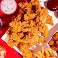 The Tony · 16 crispy fried chicken tenders Dipped in Sauce  with a choice of 2 sides and 2 drinks!