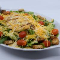 Spicy Chipotle Chicken Salad · Crisp cold Romaine lettuce, grilled chicken, tomato, shredded jack and cheddar cheese, crunc...