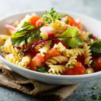 Pasta Salad · Al dente penne pasta tossed with creamy, basil pesto sauce and fresh cucumbers, bell peppers...