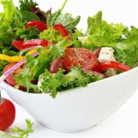 Garden Salad · Fresh, mixed greens, crisp cucumbers, onions, bell peppers and ripe tomatoes. Add on any pro...