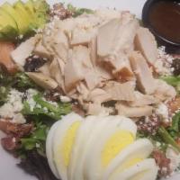 Kitchen Sink Salad · Fresh Spring Salad with Grilled Organic Chicken, Hard Boiled Egg, Avocado, Smoked Applewood ...