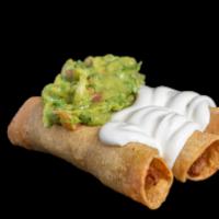 Taquitos (3) · Chicken or carne asada. Topped with lettuce, sour cream, guacamole and cheese.