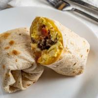 Breakfast Burrito · ( choice of bacon, sausage, combo or cheese ) flour tortilla, scramble eggs, hash brown shre...