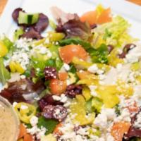 Greek Salad · Lettuce, organic mix green, black olives, tomatoes, cucumbers, onions, pepperoncini, feta ch...