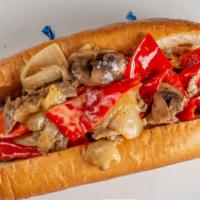 Philly Cheesesteak ( Beef) · Thinly sliced Sirloin steak, melted real cheddar and Swiss cheese, Grilled Onions.