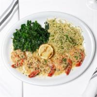 Shrimp Scampi All'Aglio · large jumbo shrimp sautéed in olive oil, white wine, garlic | served with sautéed garlic spi...