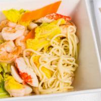Seafood Noodle Soup · Shrimp, scallop, celery, carrots, and bok choy.