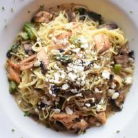 Angel Hair Sebastian · Angel hair pasta served with whole sautéed chicken breast, topped with mushrooms and asparag...