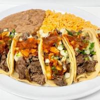  Tacos Plate Special (5) · 5 street tacos, rice & beans, FREE 21 oz drink