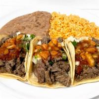  Tacos Plate Special (3) · 3 street tacos, rice & beans, FREE 21 oz drink