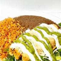  Flautas Plate · 3 chicken flautas topped with lettuce sour cream guacamole and cheese. Served with rice and ...