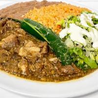 Chile Verde Plate · Chile verde, grilled serrano peppers, lettuce, sour cream, rice, refried beans and 4 tortillas