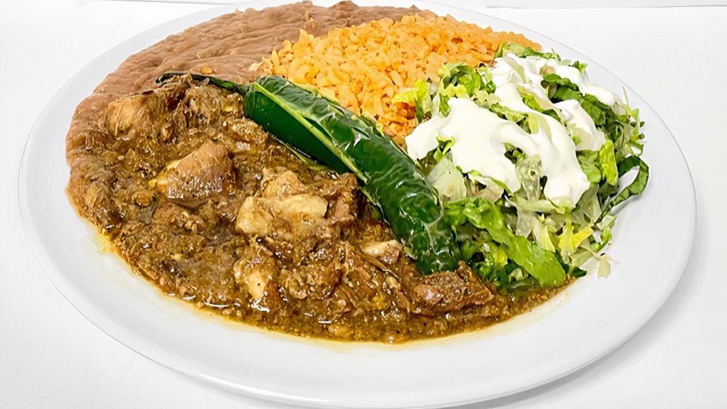 Chile Verde Plate · Chile verde, grilled serrano peppers, lettuce, sour cream, rice, refried beans and 4 tortillas
