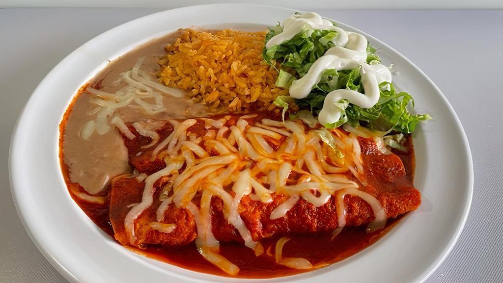 Cheese Enchiladas Plate · Vegetarian. 2 enchiladas RED or GREEN, lettuce, sour cream, cheese, served with rice and refried beans