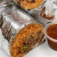 Burrito Regular · Meat, rice, refried beans, onion, cilantro, and salsa