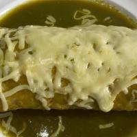 Wet Burrito · Meat, rice, refried beans, onion, cilantro, topped with red or green salsa and melted cheese