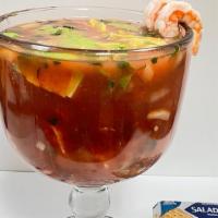 Shrimp Cocktail · Shrimp with tomatoes, onion, cilantro, avocado, jalapeño, shrimp juice and  special sauce wi...