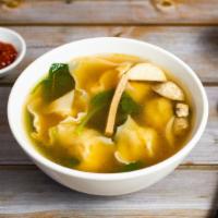 Wonton Soup · Tofu&Veggie wontons, cooked in a vegetable broth with mixed vegetables, mushroom and vegan ham
