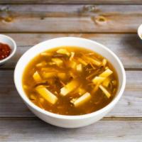 Hot & Sour Soup · Hot & sour soup w/ tofu, & vegan chicken