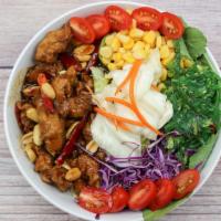 Spicy Kung Pao Chicken Bowl  · Spicy Kung Pao sauce with vegan chicken and peanut.  **Contain Peanuts