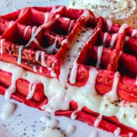 Red Velvet Waffle · A delicious red velvet waffle sandwich filled with a sweetened cream cheese frosting and top...