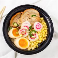 Tonkotsu · Pork noodle soup with pork slice, egg, imitation fish cake, corn and seaweed.