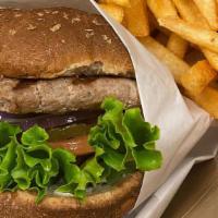 Turkey Burger · Six ounce, juicy grilled turkey patty served with lettuce, tomatoes, onions, pickles and may...