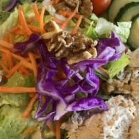 Albacore Tuna Salad · Albacore salad on a bed of romaine and mixed greens with tomatoes, cucumbers, carrots and wa...