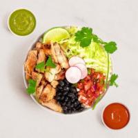 Chicken Burrito Bowl · Grilled chicken with Mexican rice, black beans, pico de gallo, and lettuce.