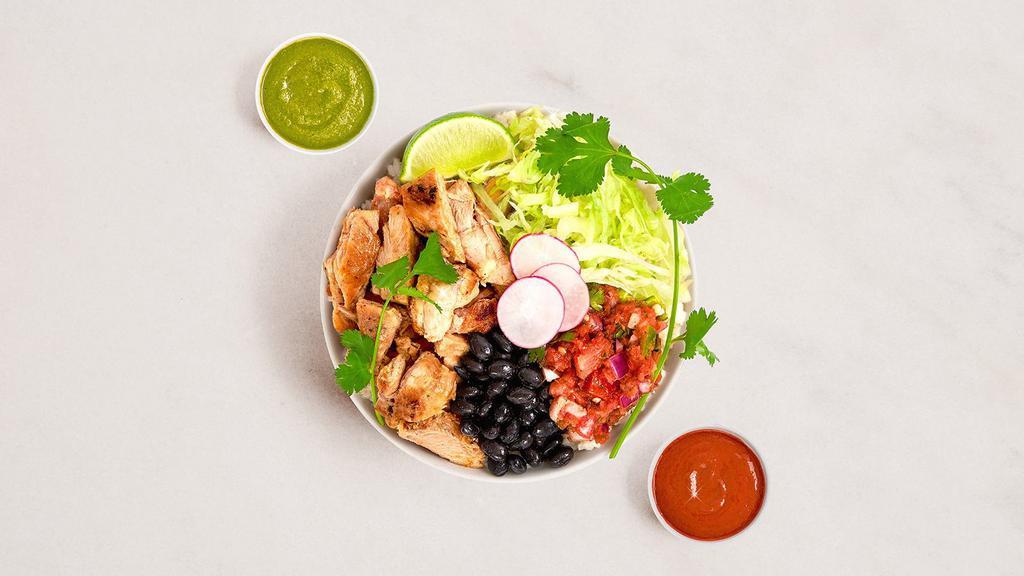 Chicken Burrito Bowl · Grilled chicken with Mexican rice, black beans, pico de gallo, and lettuce.