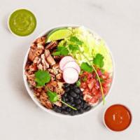 Carnitas Burrito Bowl · Carnitas with Mexican rice, black beans, pico de gallo, and lettuce.