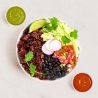 Chorizo Burrito Bowl · Chorizo with mexican rice, black beans, pico de gallo, and lettuce.