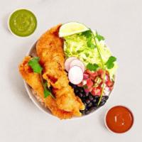 Beer Battered Fish Bowl · Beer battered fish with Mexican rice, black beans, pico de gallo, and lettuce.