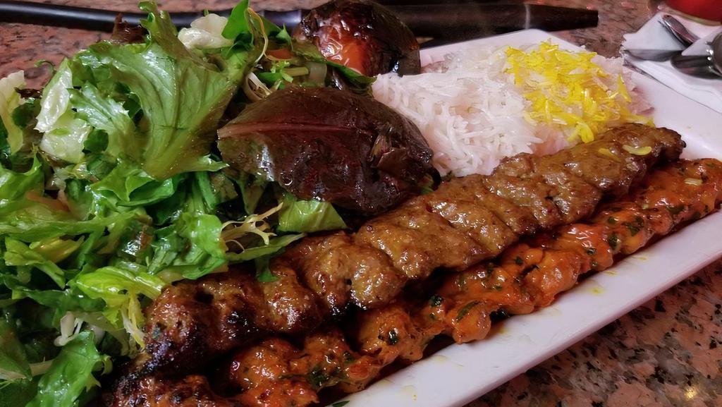 Koobideh Mix · One skewer each of ground beef and ground chicken. Comes with basmati rice and a side salad.