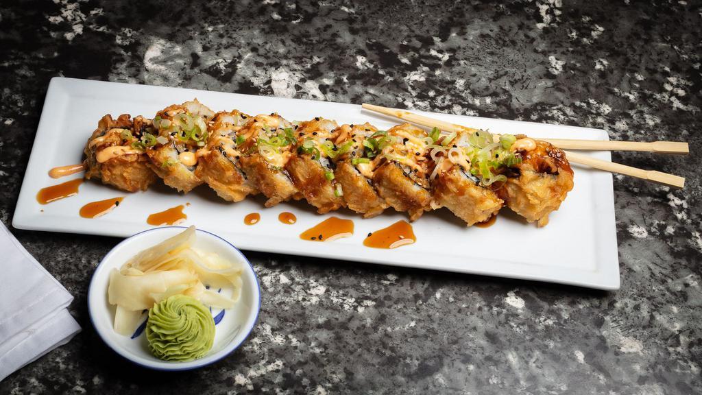 Cougar Roll · Tempura shrimp, spicy crab, avocado, cucumber and cream cheese deep fried with teriyaki and spicy mayo sauce.