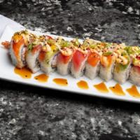 Sansei Roll · Tempura shrimp, snow crab, avocado, cucumber topped with tuna, salmon, avocado drizzled with...