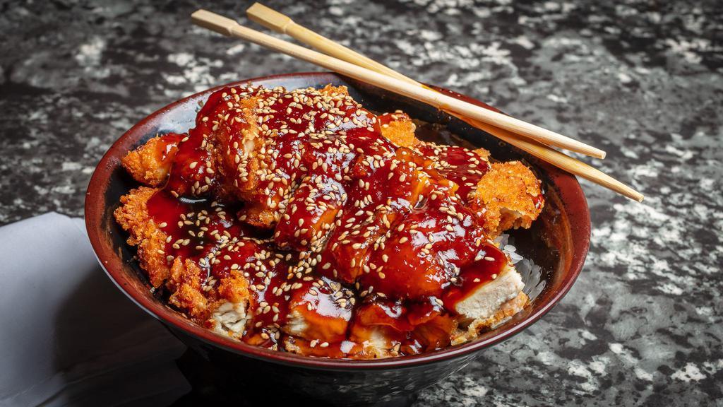 Sesame Chicken Bowl · Panko Crusted Chicken Breast with Teriyaki Sauce over Steamed Rice.