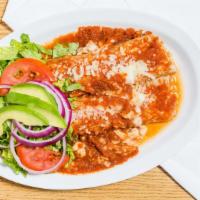 Enchilada Dinner · Two enchiladas (chicken, beef or shrimp), lettuce, tomatoes, red onions, avocado, served wit...