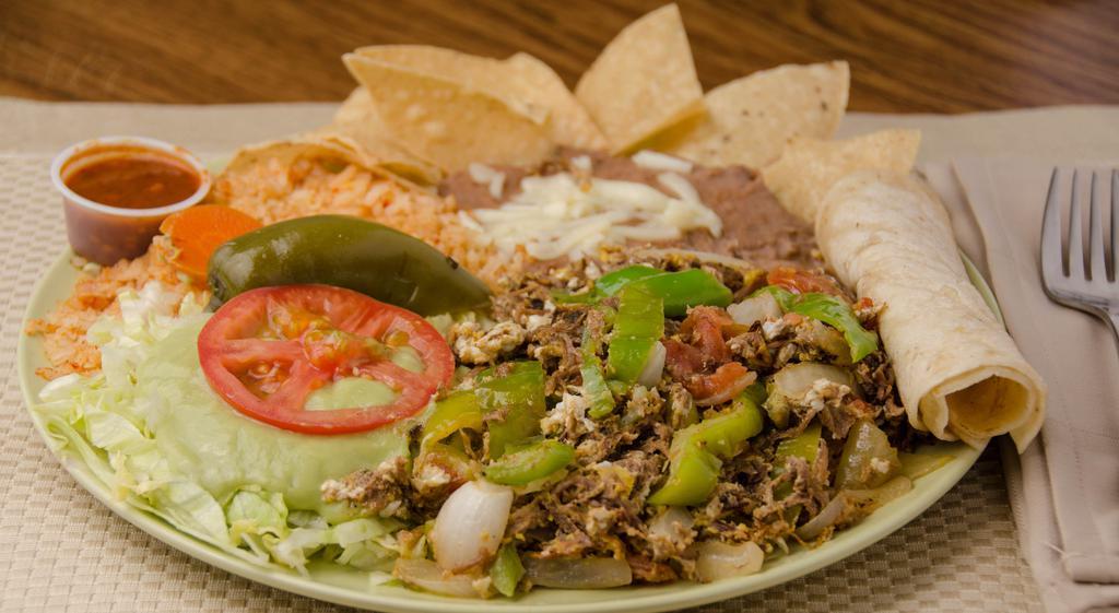 Machaca & Eggs · Served all day with rice beans and tortillas.