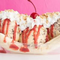 Banana Split · Ripe banana and three scoops of ice cream, whipped cream, peanuts, and a cherry on top.