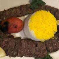 Soltani Kabob · Combination plate of Barg and Beef Koobideh. (One skewer of thinly sliced filet mignon and o...