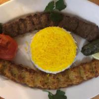 Combo Koobideh Kabob · Barbecued ground beef and chicken served with basmati rice, BBQ tomato and pepper. (One skew...