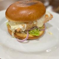 Salmon Burger · Hamburger Brioche Bun, Salmon Fillet 4oz., Mozzarella Cheese, Garlic Sauce, Romaine Lettuce,...