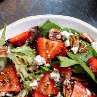 Spinach Salad · Spinach, goat cheese, croutons, strawberry.