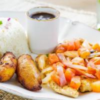Filete De Pollo · Grilled chicken breast filet with onions and garlic. Served with white rice and  beans