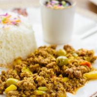 Picadillo A La Cubana · Seasoned ground beef. Served with white rice, beans and Sweet plantains.