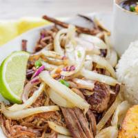 Vaca Frita (Fried Cow) · Thinly shredded flank steak, grilled with onions , garlic and soy sauce. Served with  rice, ...