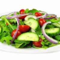 Garden Salad · Blend of romaine lettuce, Roma tomatoes, Persian cucumbers, red onions, house vinaigrette.