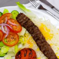Koobideh With Rice & Salad · One koobideh kabob served with imported basmati rice, grilled tomato, and fresh garden salad.